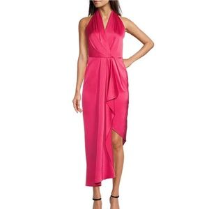 Alex Marie Hazel Halter Neck Sleeveless Draped Asymmetrical Hem Satin Dress 6P